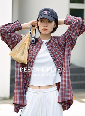 鹿与飞鸟“郁热红酒”复古酒红格纹A字廓形斗篷式立领衬衫6922