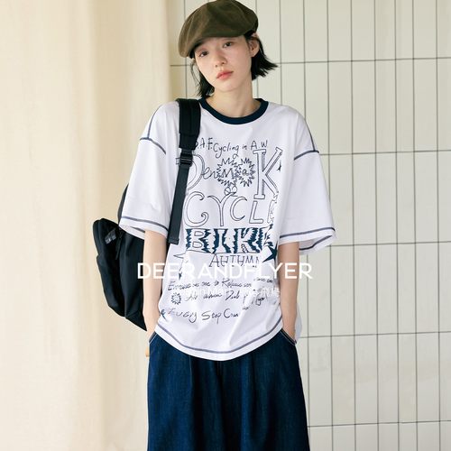 凉感纳维亚混棉涂鸦印花宽松T恤