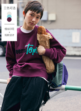 鹿与飞鸟卫衣穿搭图鉴|三色撞色植绒字母短款卫衣6262