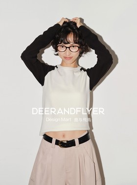 鹿与飞鸟“拼色T”弹力棉柔拼接插肩长袖两色圆领T恤打底衫6977