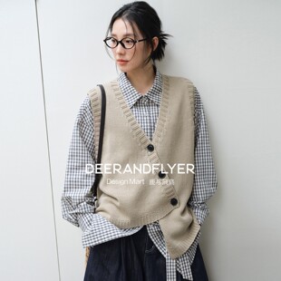 鹿与飞鸟「宝藏叠穿」Offduty不规则斜门襟百搭实穿针织马甲7417