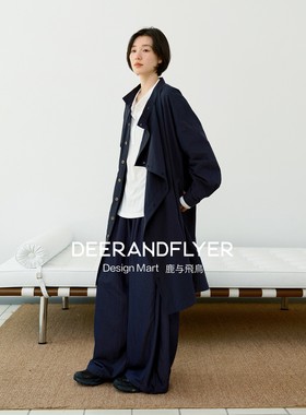 鹿与飞鸟“几何叙记”配本布腰带挎包日系长款斜襟风衣外套6915