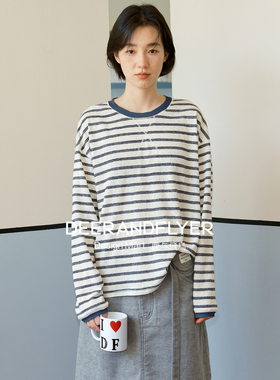 鹿与飞鸟“半满线条”垂柔混纺圆领长袖条纹压线阔版两色T恤6857