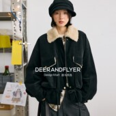 鹿与飞鸟 橡果小屋 巴恩风卷毛翻领两色仿麂皮夹克棉服外套7131