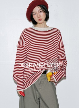 鹿与飞鸟“布列塔尼”羊毛混纺两色量感撞色条纹保暖圆领毛衣7109