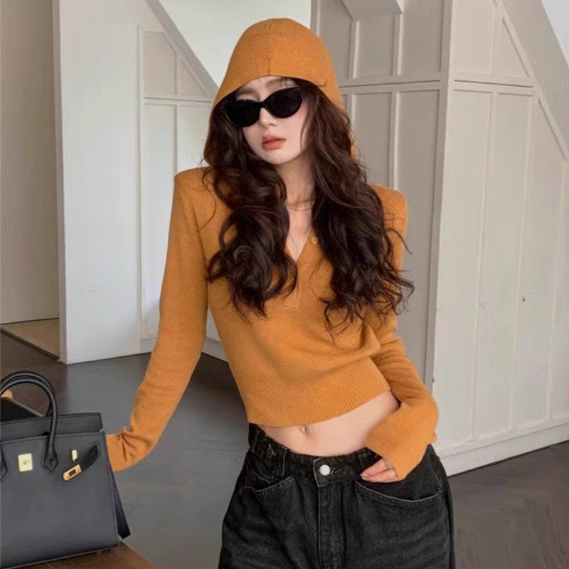 美式橘色连帽针织衫女春季慵懒风修身短款毛衣卫衣设计感内搭上衣