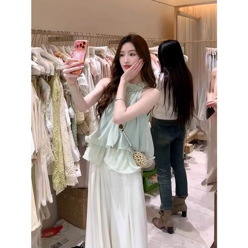 AS OFFICIAL夏季宽松型修身显瘦舒适甜妹挂脖荷叶边蓬蓬背心女装