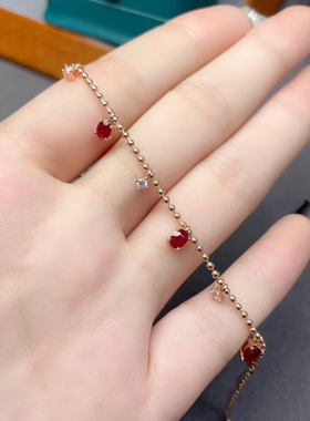 天然老烧红宝石手链s925纯银镶嵌宝石简约时尚手链女