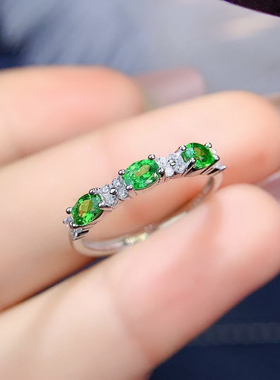 天然沙弗莱戒指 925纯银镶嵌绿色宝石指环活口可调节女