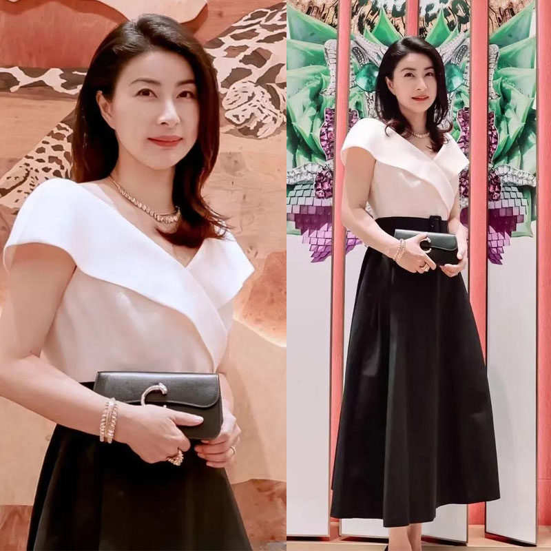 明星刘涛张天爱赵露思郭晶晶同款黑白拼色连衣裙女23夏修身长大摆 - 实物图