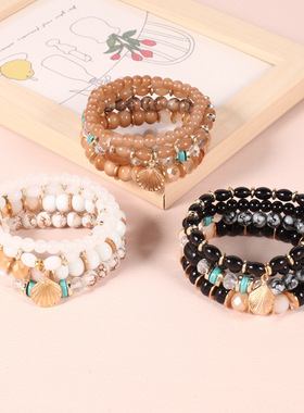 旅游手镯欧美新款波西米亚扇贝水晶手链复古女士多条串珠民族手饰