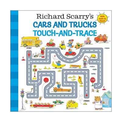 英文原版 Richard Scarry's Cars and Trucks Touch-and-Trace 斯凯瑞系列 汽车和卡车 触摸与追踪 儿童游戏启蒙绘本 迷宫 纸板书