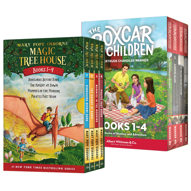 神奇树屋Magic Tree House 1-4册全套 +棚车少年1-4册盒装 英文原版读物 美国中小学课外阅读故事章节桥梁小说书籍 英文版英语书