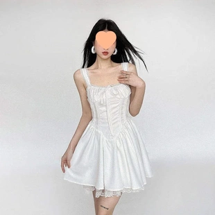 140克四面弹+内里+打揽一夏季收腰白色露锁骨吊带连衣裙直播爆款