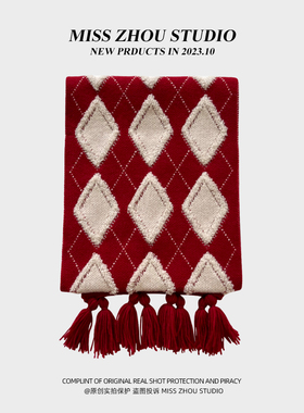 光遇同款红色菱形格围巾女秋冬季保暖韩版ins百搭流苏围脖情侣潮
