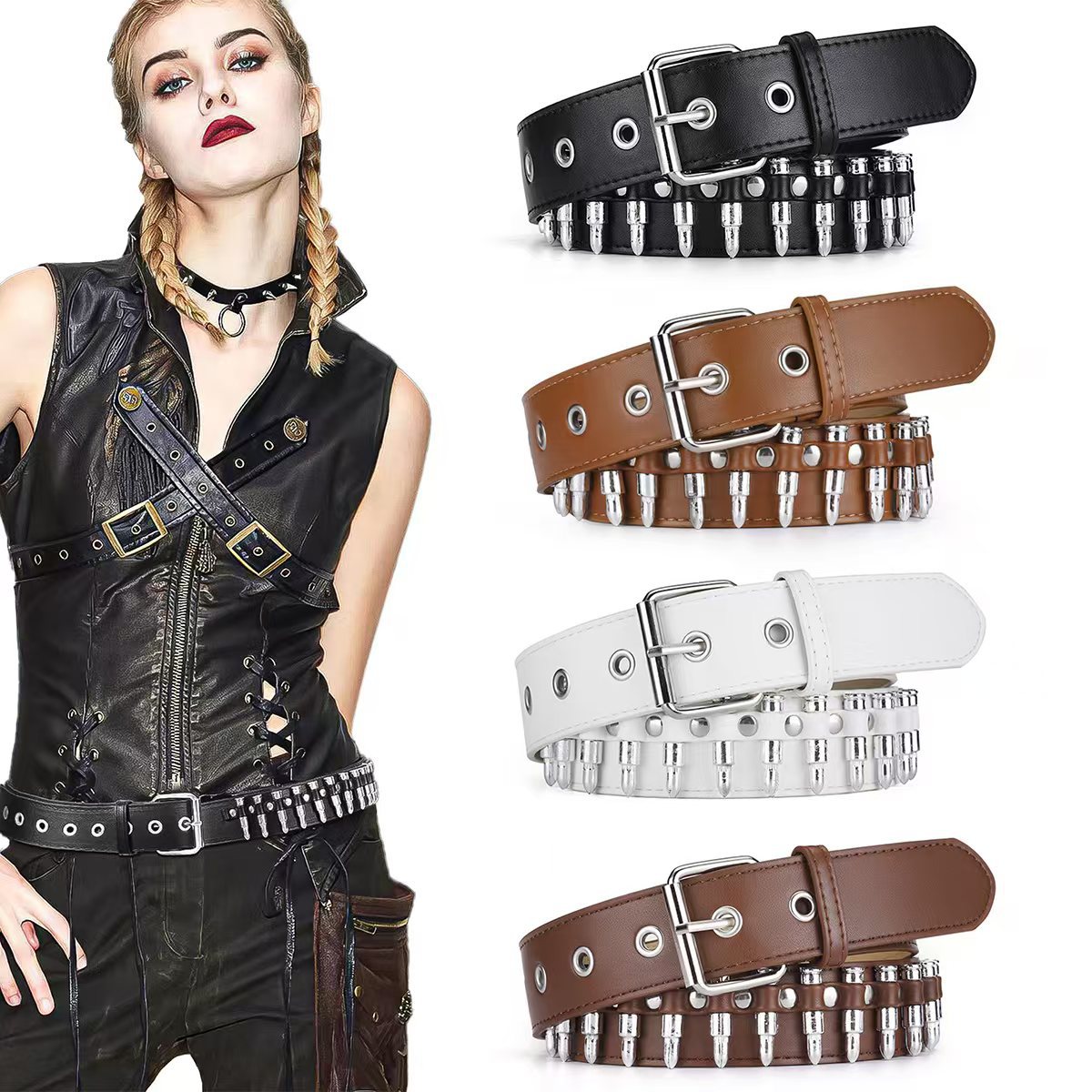 欧美朋克风子弹头男女皮带时尚摇滚辣妹风装饰腰带搭配裙子牛仔裤