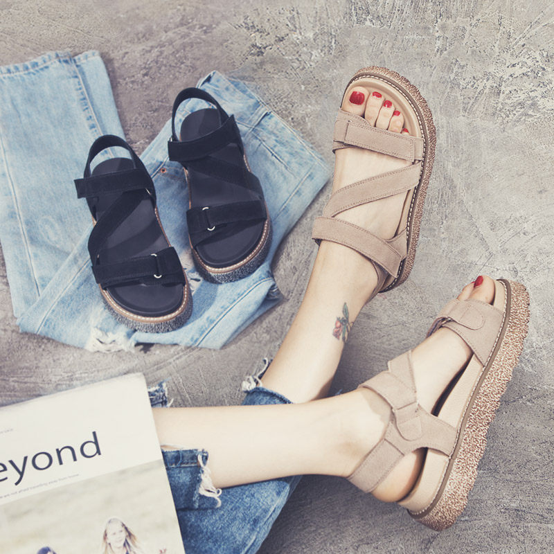 2019夏季新款韓版仙女風平底女鞋中跟松糕涼鞋女學生厚底羅馬鞋潮在類目 女鞋, 涼鞋中 - 來自Buy2taobao.com提供專業的淘寶代購服務