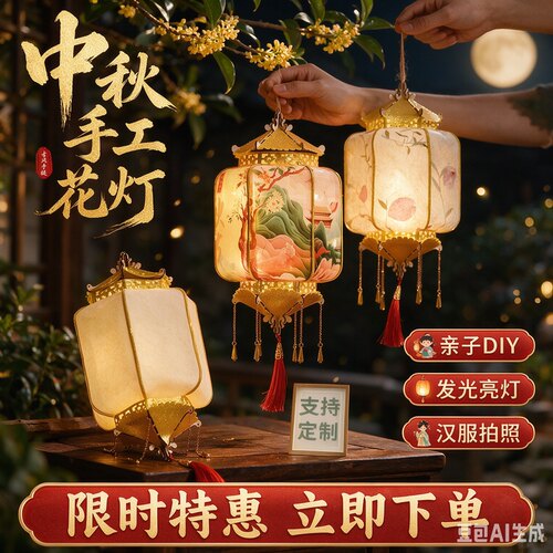 中秋节灯笼手提古风发光灯笼手工diy材料包宫灯挂饰装饰汉服花灯