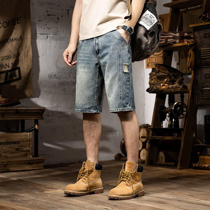 男士牛仔短裤夏季宽松潮牌五分中裤韩版潮流破洞5分马裤复古蓝