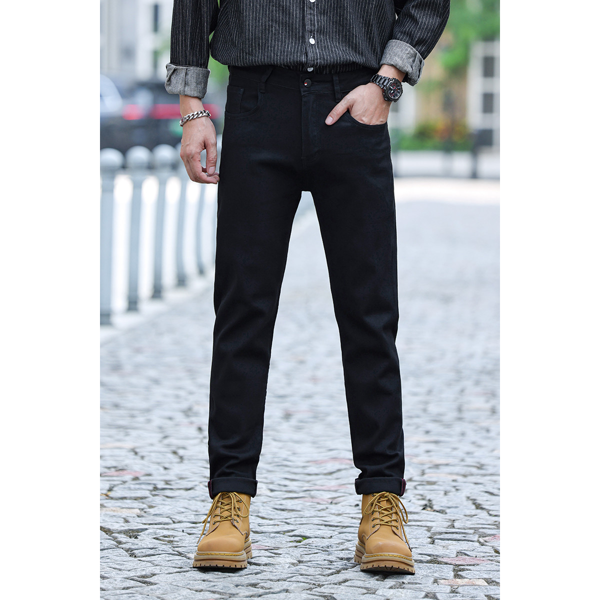 春季2026新款黑色九分牛仔裤男水洗修身直筒男士高街小脚裤子春秋