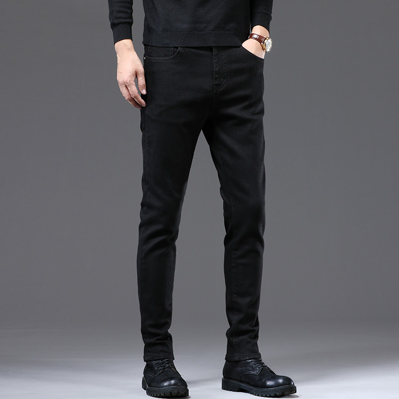 百搭九分黑色牛仔裤男2026春季修身显瘦小直筒纯黑休闲长裤子