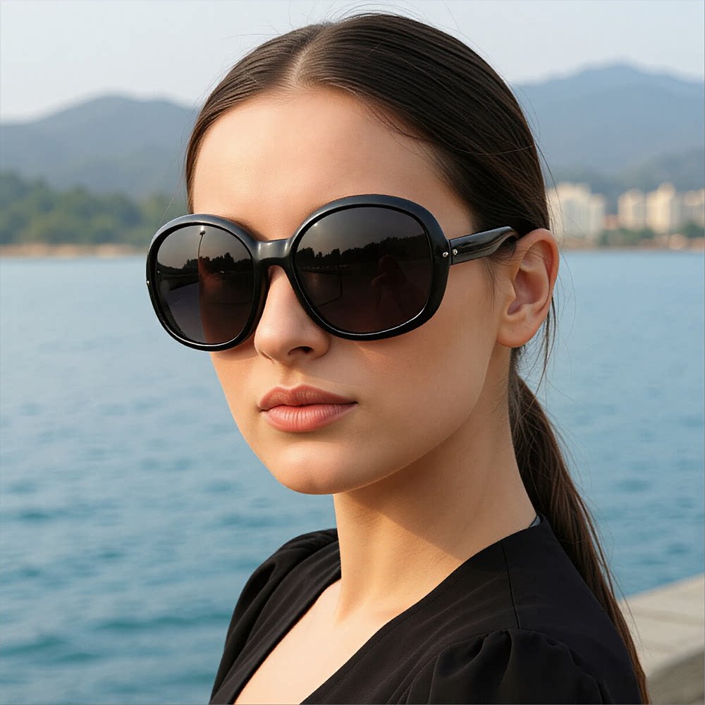 圆脸女士偏光太阳镜防紫外线黑色墨镜遮阳时尚百搭小脸大弯度防晒