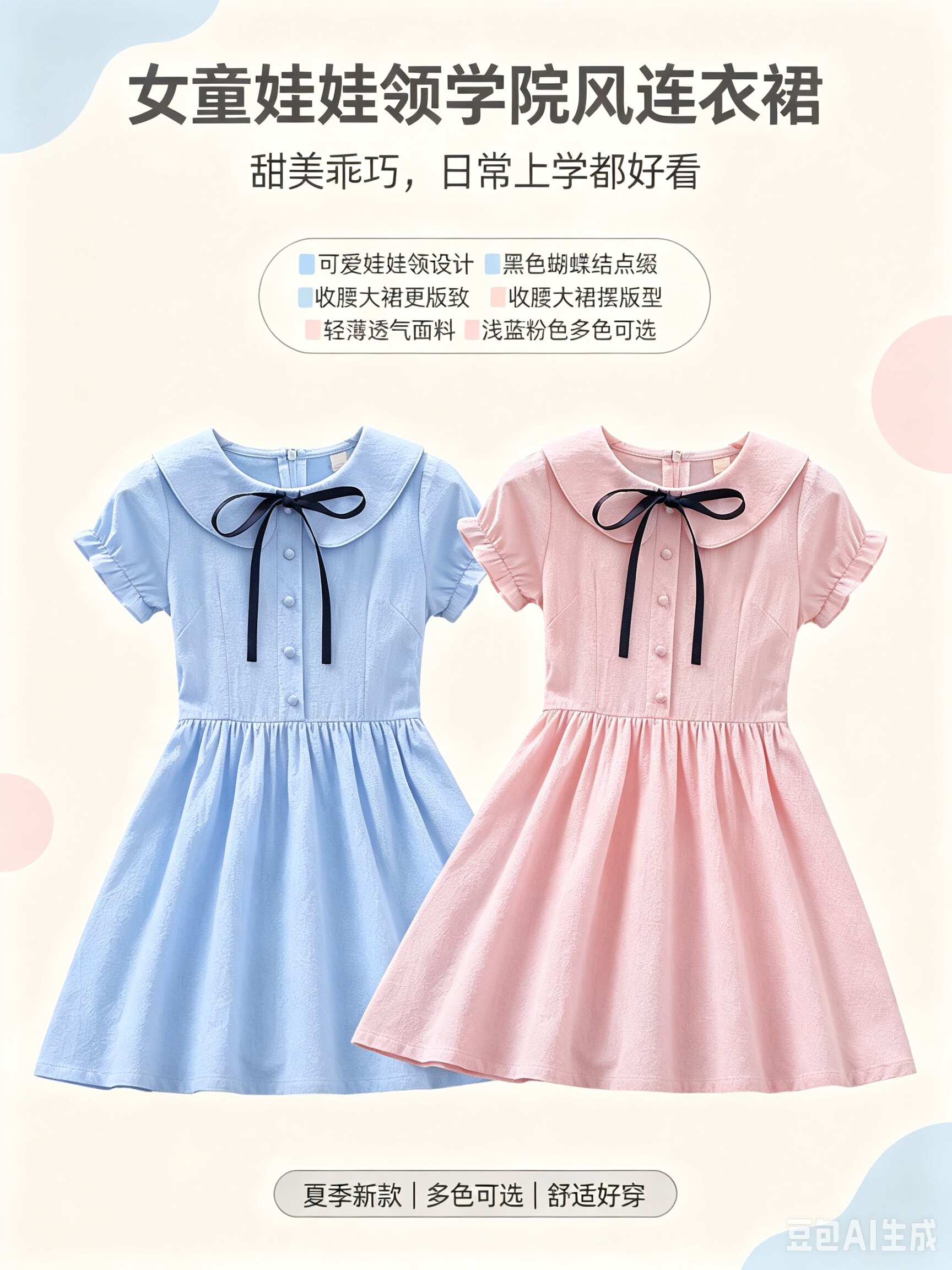 纯棉连衣裙夏季娃娃领蝴蝶结短袖公主裙中大童蓝色粉色学生学院裙