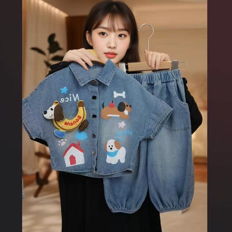 女童牛仔套装夏装2026新款韩版儿童夏季卡通小狗短袖短裤两件套潮
