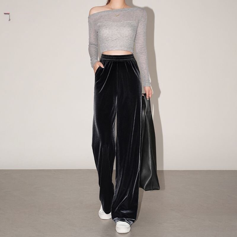 高端灰色金丝绒阔腿裤女2026春夏新款黑色丝绒裤子大码直筒休闲裤