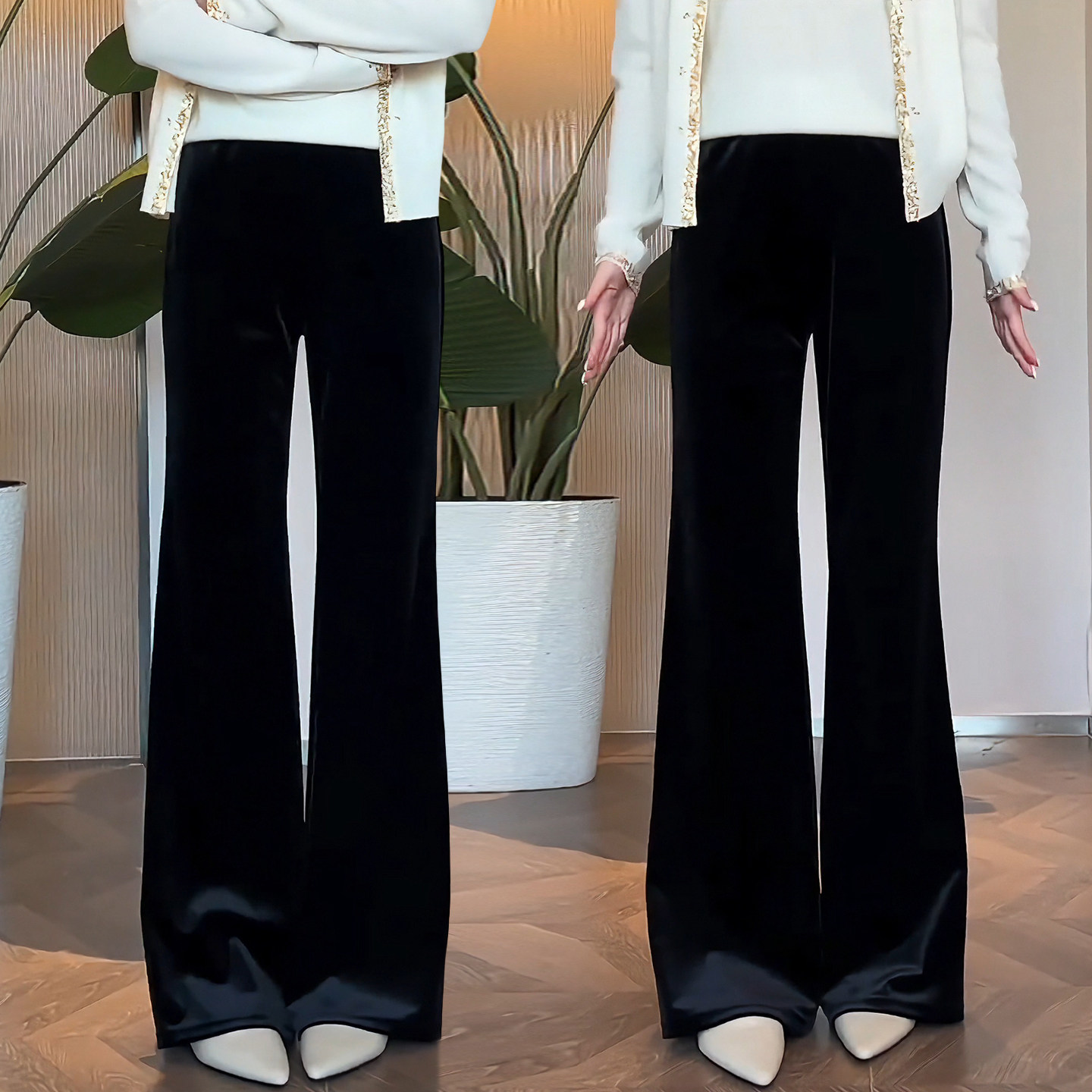 黑色金丝绒阔腿裤女2026春季新款休闲微喇直筒拖地裤子