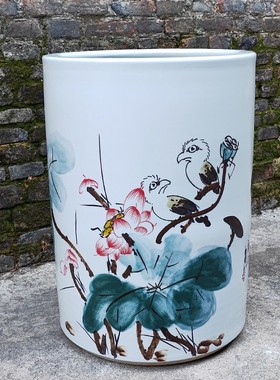 景德镇陶瓷器字画收纳筒字画桶手绘荷花箭筒卷轴缸书画缸摆件花瓶