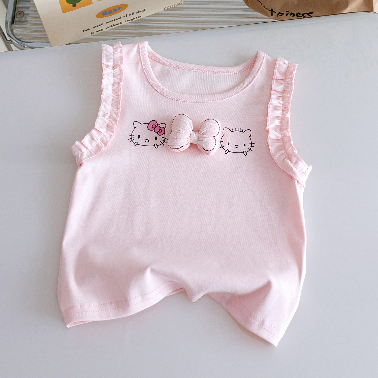 女童夏季甜美花边背心2025新款卡通KT猫公主风立体蝴蝶结无袖T恤3,童装/婴儿装/亲子装,T恤,淘宝优惠券,粉丝福利购,淘宝优惠卷