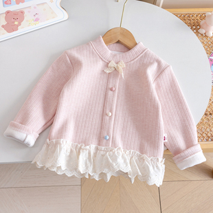 女童甜美加绒打底裤25新款秋冬可爱洋气针织衫女宝花边蝴蝶结上衣