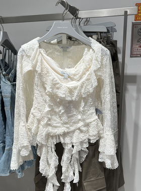 UR国内代购2025秋季女装荷叶边一字领喇叭袖罩衫衬衫UYL250091