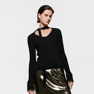 2025冬季 针织衫 女装 短款 UWG950271 气质绑带流苏修身 UR国内代购