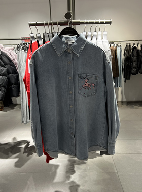UR国内代购2025冬季女装潮流趣味图案刺绣水洗牛仔衬衫UYV860012