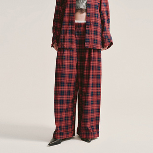 UR国内代购2025冬季女装潮流撞色拼接松紧腰格纹阔腿裤UWJ650095