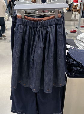 UR国内代购2025冬季女装都市撞色拼接系带刺绣牛仔半裙UYU860009