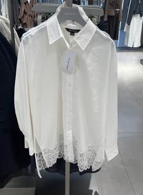 UR国内代购2025冬季女装气质拼接蕾丝宽松长袖开襟衬衫UWU250026