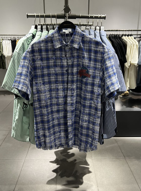 UR国内代购2025夏季男装潮流美式撞色格纹磨破开襟衬衫UMV250050