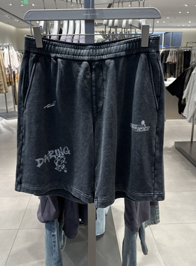 UR国内代购2025夏季男潮流休闲洗水撞色图案松紧腰短裤UMV650053