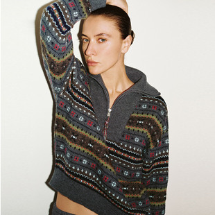 休闲复古费尔岛提花立领针织衫 女装 UWH950137 2025冬季 UR国内代购