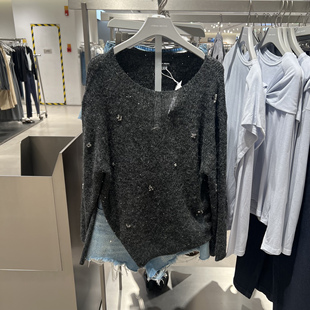 UR国内代购2025秋季女装时尚潮流亮片水钻饰破洞针织衫UWJ950061