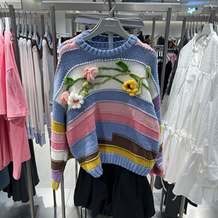 UR国内代购2025秋季女装多巴胺撞色立体花卉撞色针织衫UYL950179
