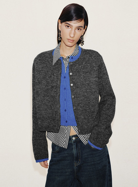 UR国内代购2026春季女潮流撞色假两件圆领短款针织开衫UWJ960007