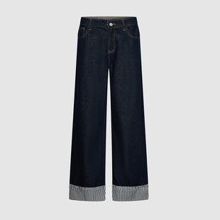 休闲撞色条纹卷边阔腿牛仔长裤 女装 UYL850186 2025秋季 UR国内代购