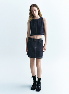 UR国内代购2025夏季女装复古百搭撞明线短款牛仔半裙UYU850111