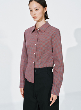 UR国内代购2025冬季女休闲撞色红格纹棉质短款开襟衬衫UYY260002