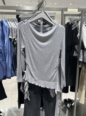 UR国内代购2025秋季女装气质休闲荡领飘带修身长袖T恤UWJ450174
