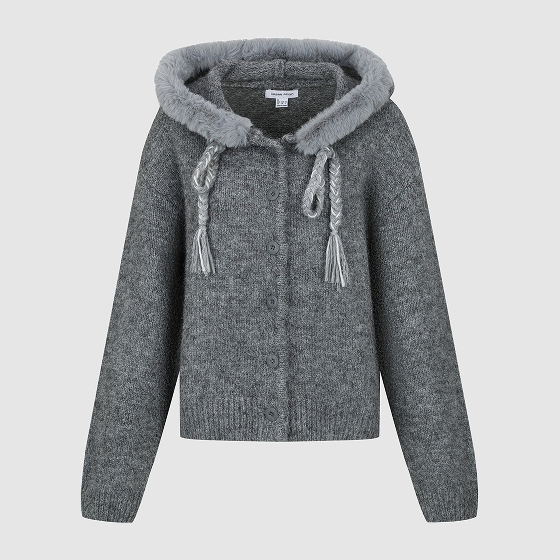 UR国内代购2025冬季女装休闲毛绒连帽编绳流苏针织开衫UYY950158